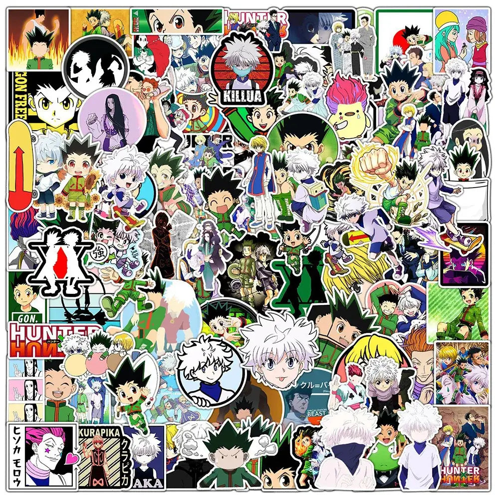 A vibrant hunter x hunter sticker pack featuring killua, gon, and kurapika waterproof vinyl decals