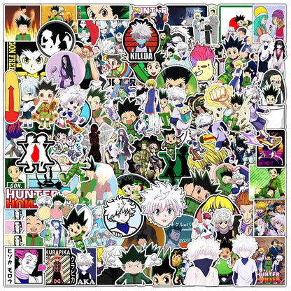 A vibrant hunter x hunter sticker pack featuring killua, gon, and kurapika waterproof vinyl decals