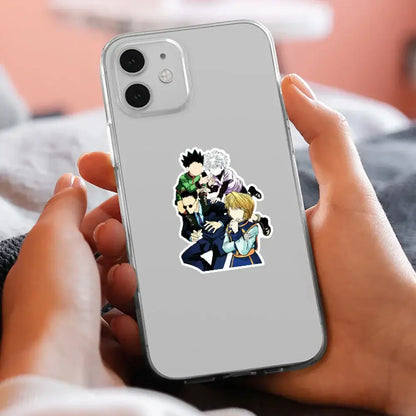 Clear phone case with colorful hunter x hunter anime sticker from waterproof vinyl sticker pack on the back side