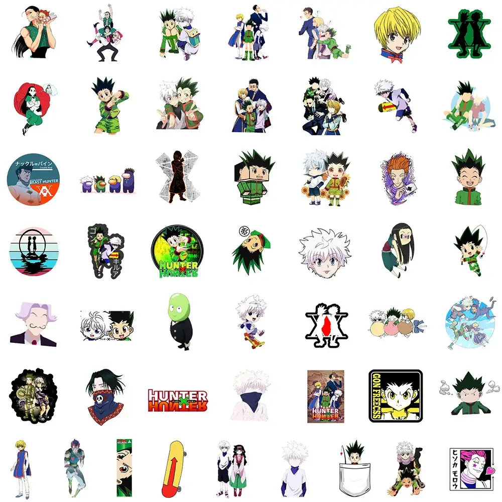 Hunter x hunter sticker pack featuring colorful cartoon characters and logos on waterproof vinyl decals