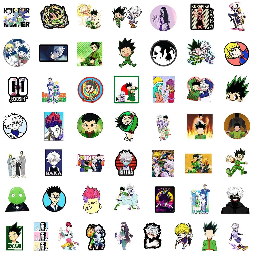 Collection of colorful hunter x hunter sticker pack featuring waterproof vinyl circular decals with characters and logos