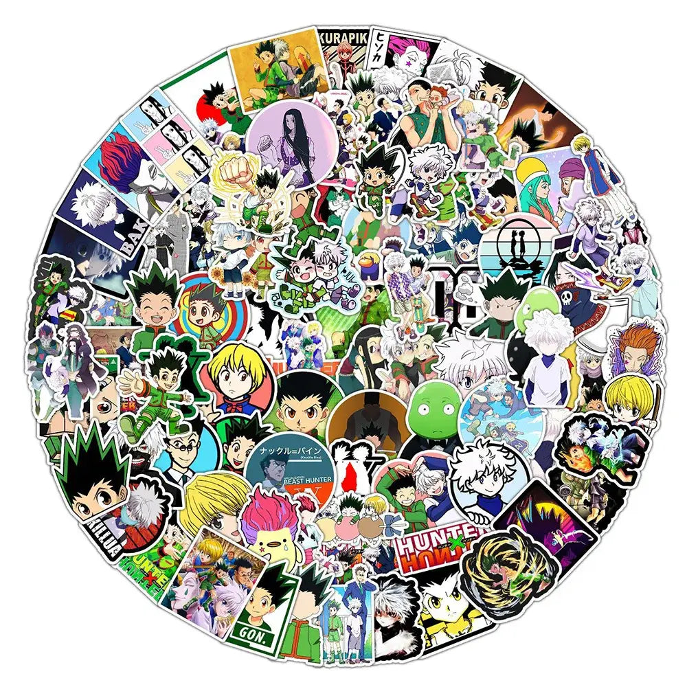 A vibrant circular arrangement of colorful glossy hunter x hunter waterproof vinyl sticker pack decals