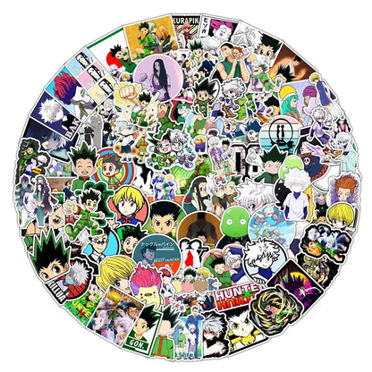 A vibrant circular arrangement of colorful glossy hunter x hunter waterproof vinyl sticker pack decals