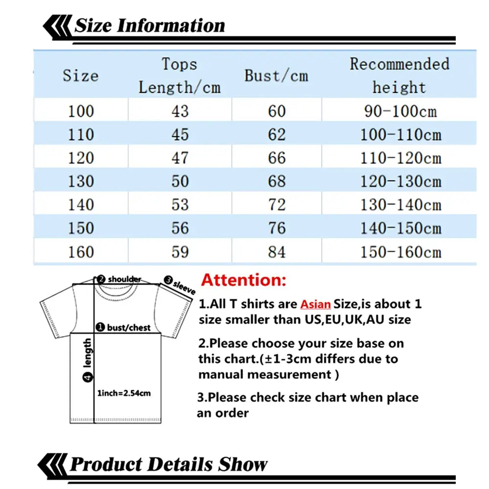 Asian size chart and measurement guide for Icrimax Burgerpommes kids anime print cotton t-shirt for everyday wear
