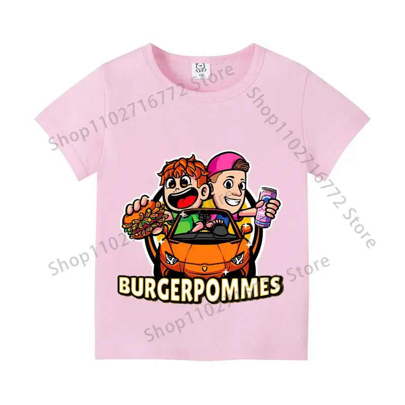 Pink cotton short-sleeved kids anime print t-shirt with burgerpommes graphic for everyday wear