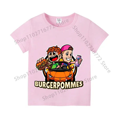 Pink cotton short-sleeved kids anime print t-shirt with burgerpommes graphic for everyday wear