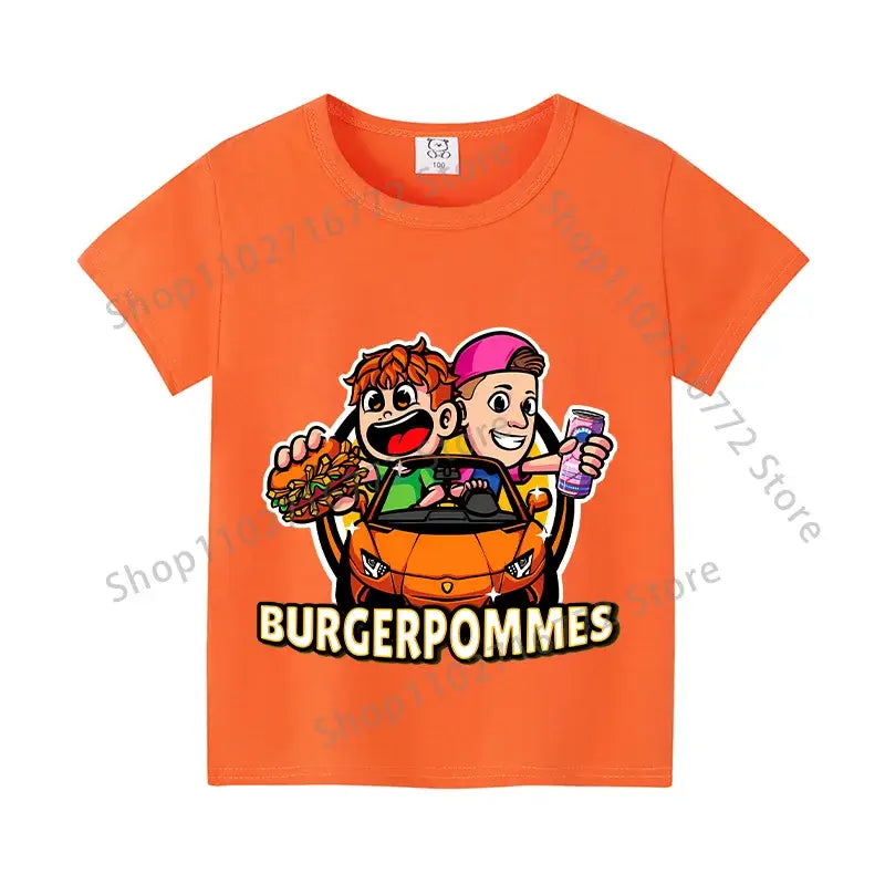 Bright orange cotton kids anime print t-shirt with burgerpommes cartoon graphic for everyday wear