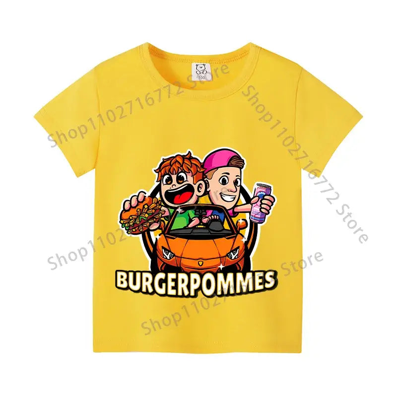 Bright yellow cotton kids anime print t-shirt with burgerpommes graphic for everyday wear by icrimax