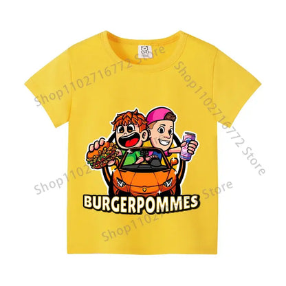 Bright yellow cotton kids anime print t-shirt with burgerpommes graphic for everyday wear by icrimax