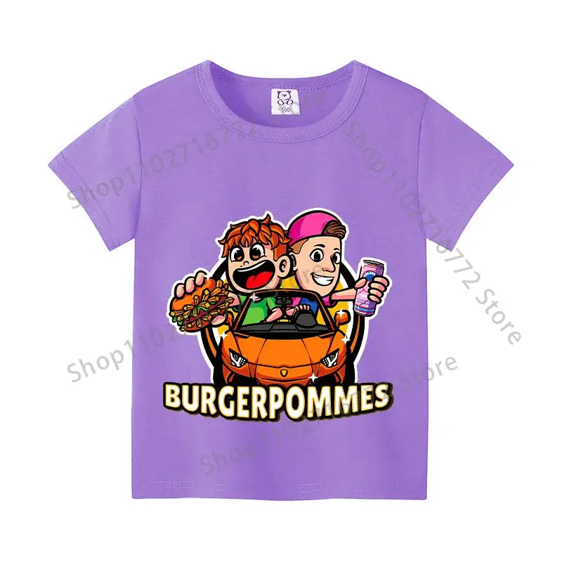 Purple cotton kids anime print t-shirt featuring cartoon characters in an orange car and burgerpommes text for everyday wear