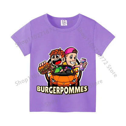 Purple cotton kids anime print t-shirt featuring cartoon characters in an orange car and burgerpommes text for everyday wear