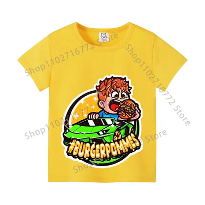 Bright yellow cotton kids anime print t-shirt featuring a boy in a green race car eating a burger for everyday wear
