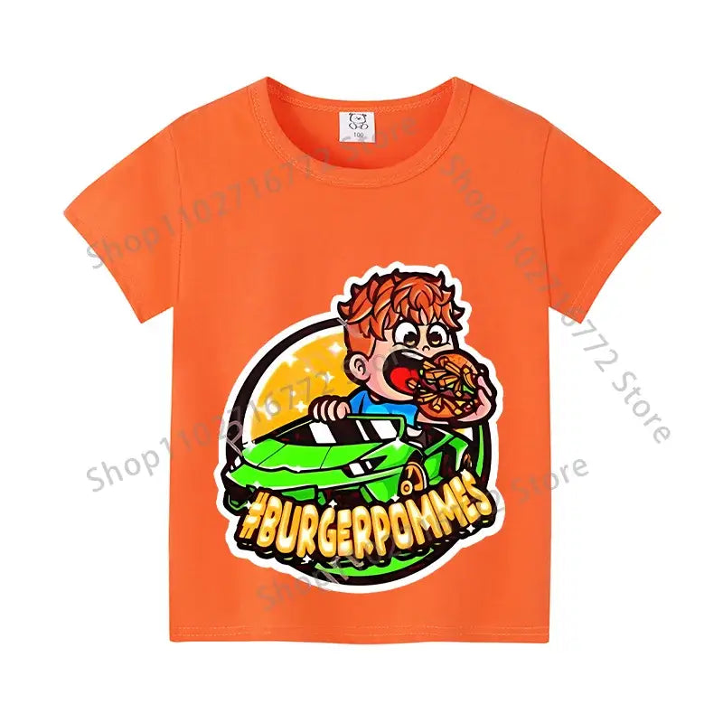 Bright orange cotton icrimax burgerpommes kids anime print t-shirt with race car boy graphic for everyday wear