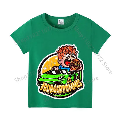 Green cotton short-sleeved kids anime print t-shirt with burgerpommes cartoon for everyday wear