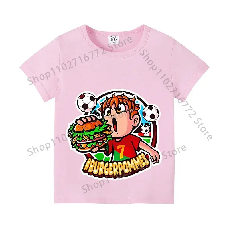 Pink cotton kids anime print t-shirt featuring a boy with burger and soccer balls for everyday wear