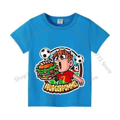 Bright blue cotton kids anime print t-shirt featuring a boy with a burger and soccer balls for everyday wear