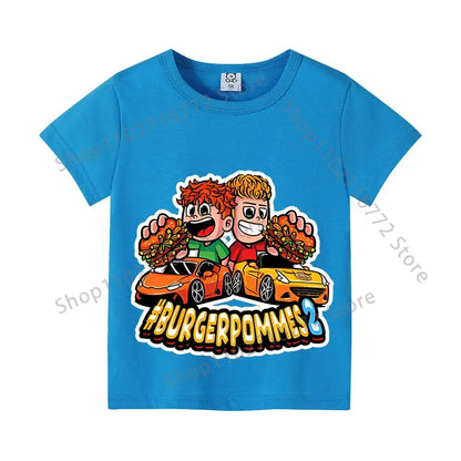 Bright blue cotton icrimax burgerpommes kids anime print t-shirt with racing car cartoon for everyday wear