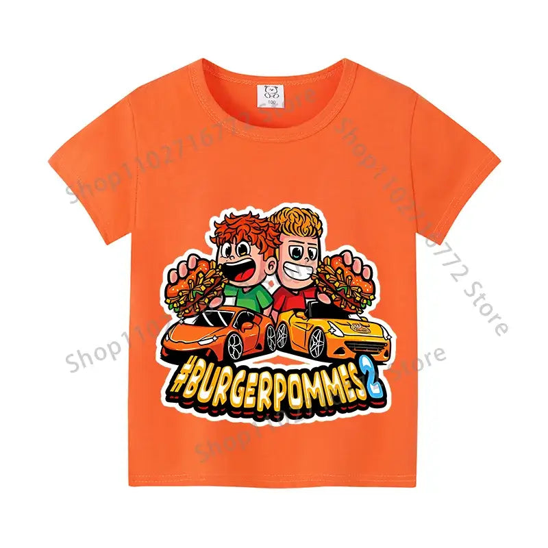 Bright orange cotton icrimax burgerpommes kids anime print t-shirt with cartoon cars and burgers for everyday wear