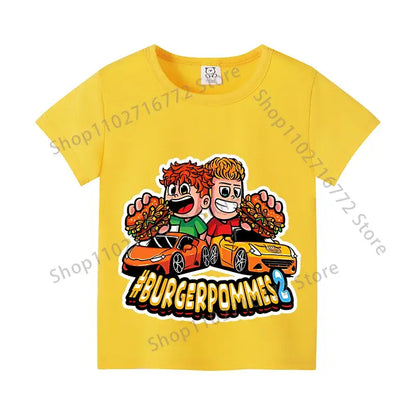 Bright yellow cotton icrimax burgerpommes kids anime print t-shirt with racing car cartoon for everyday wear