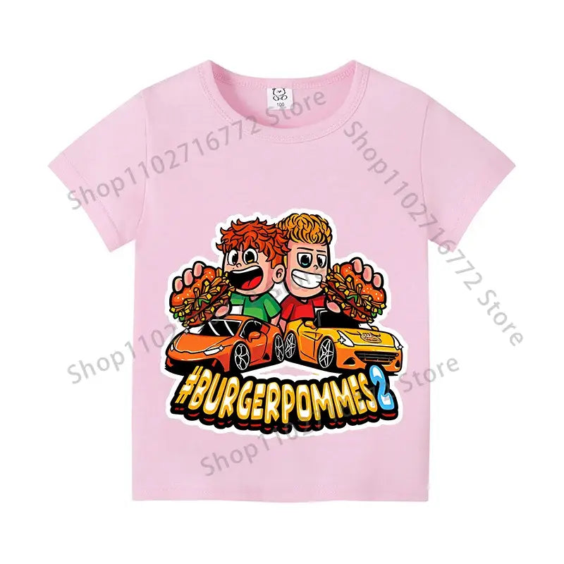 Pink short-sleeved cotton kids anime print t-shirt with burger racing car graphic and hashtag for everyday wear