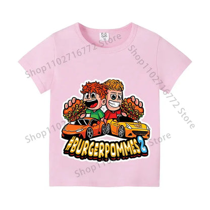 Pink short-sleeved cotton kids anime print t-shirt with burger racing car graphic and hashtag for everyday wear