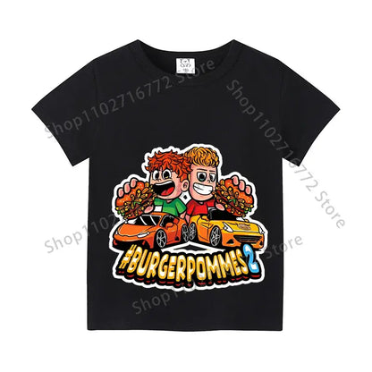 Black short-sleeved cotton kids anime print t-shirt with colorful burgerpommes graphic for everyday wear