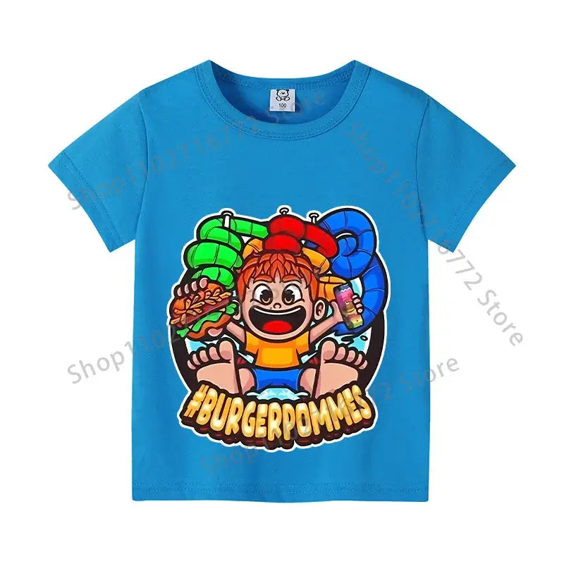 Bright blue cotton kids anime print t-shirt with colorful burgerpommes graphic for everyday wear