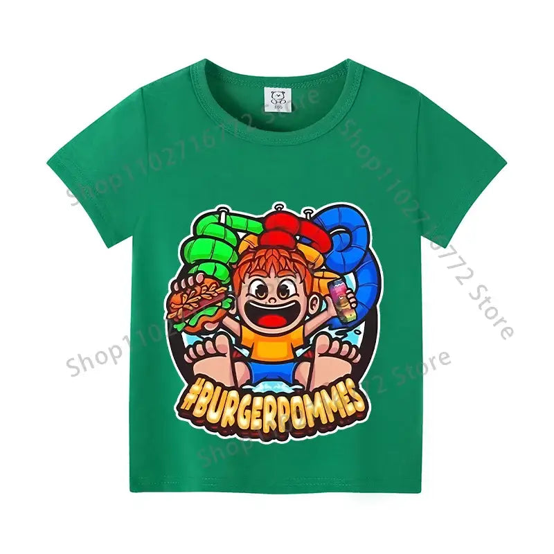 Green short-sleeved cotton t-shirt with colorful kids anime print for everyday wear featuring burger and soda graphic
