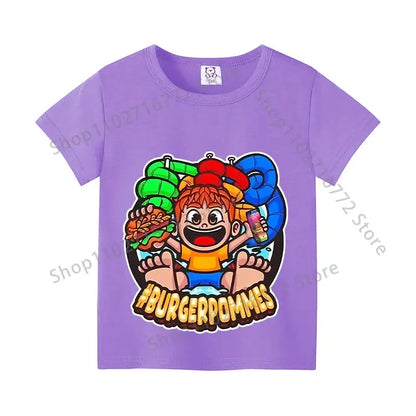Purple cotton short-sleeved kids anime print t-shirt with colorful burgerpommes graphic for everyday wear
