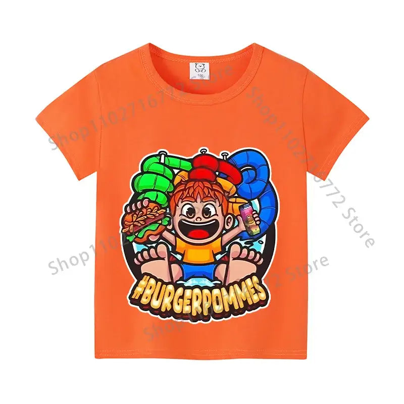 Bright orange cotton kids anime print t-shirt with colorful cartoon graphic and hashtag burgerpommes for everyday wear
