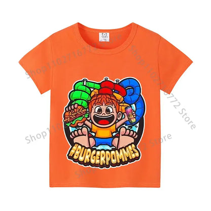 Bright orange cotton kids anime print t-shirt with colorful cartoon graphic and hashtag burgerpommes for everyday wear
