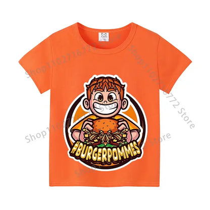 Bright orange cotton kids anime print t-shirt featuring a cartoon burger character for everyday wear