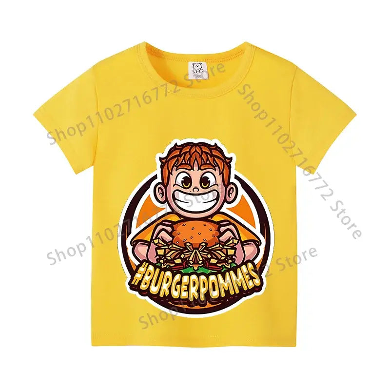 Bright yellow cotton kids anime print t-shirt featuring a red-haired cartoon holding a burger with #burgerpommes text for everyday wear