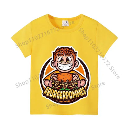 Bright yellow cotton kids anime print t-shirt featuring a red-haired cartoon holding a burger with #burgerpommes text for everyday wear