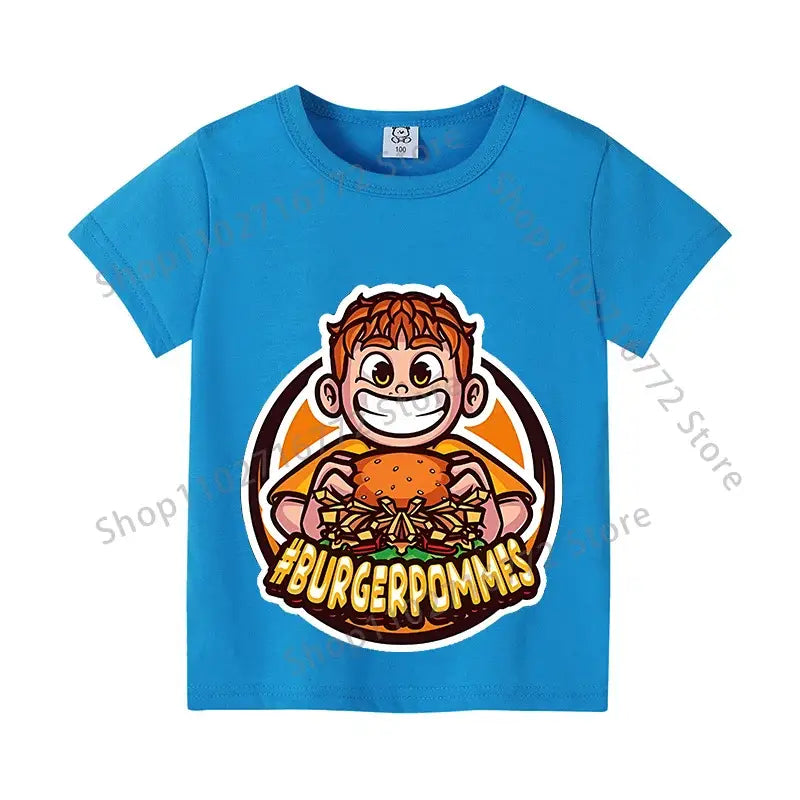 Bright blue cotton icrimax burgerpommes kids anime print t-shirt with orange-haired character holding burger for everyday wear