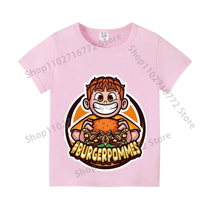 Pink cotton short-sleeved t-shirt with kids anime print of boy holding burger and hashtag burgerpommes for everyday wear