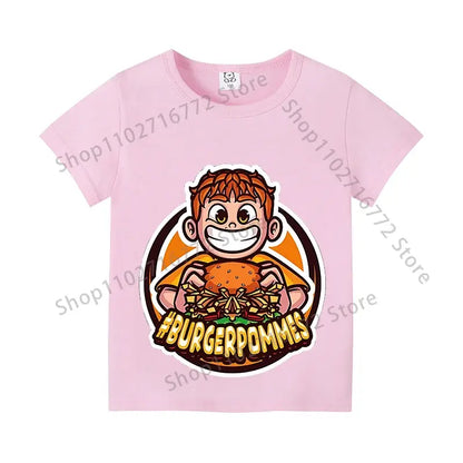 Pink cotton short-sleeved t-shirt with kids anime print of boy holding burger and hashtag burgerpommes for everyday wear