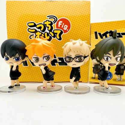Chibi-style haikyuu volleyball boys greeting figurines in black team uniforms on clear bases for unboxing video and support returns