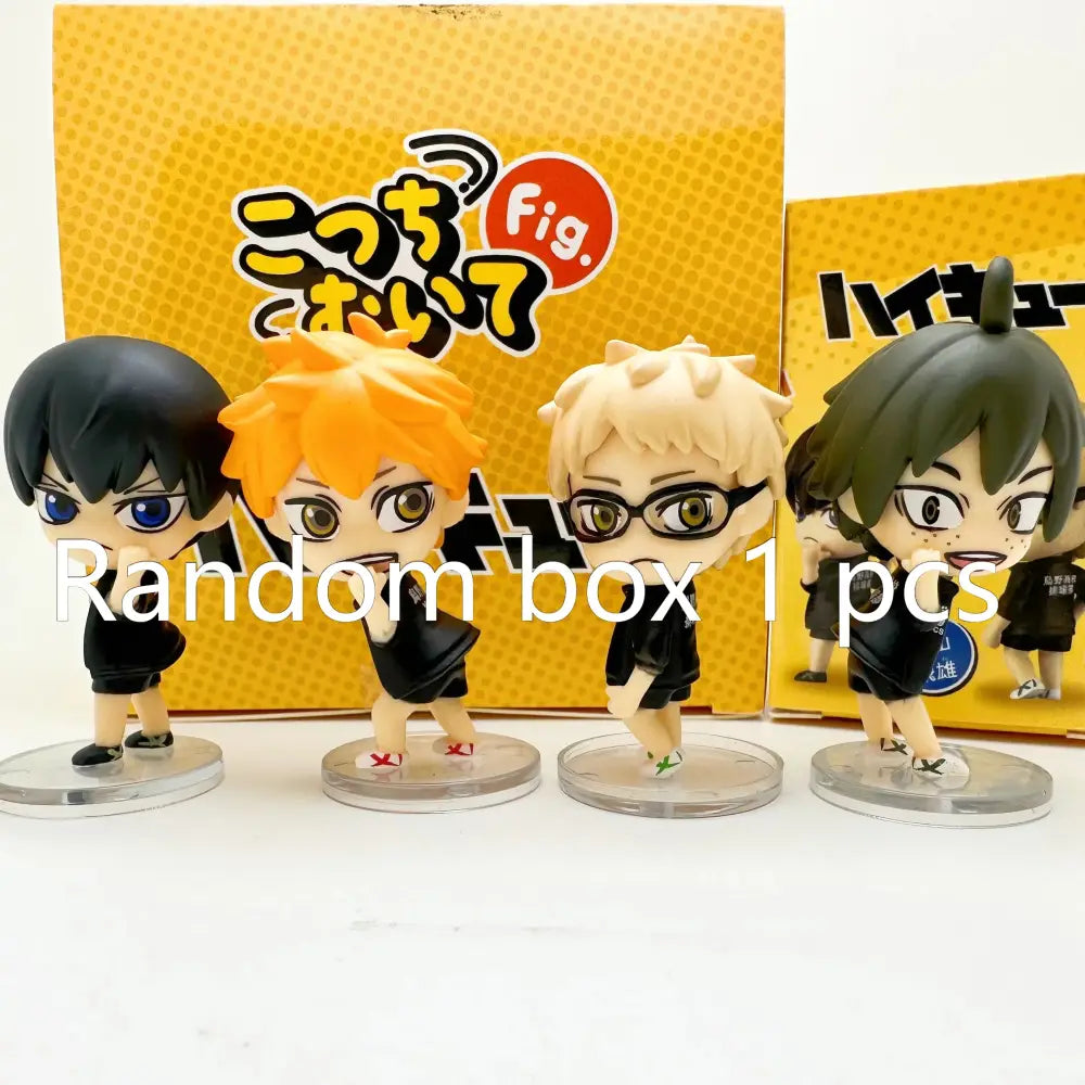 Chibi-style volleyball boys figurines in black team uniforms on clear bases for unboxing video and support returns quality issues