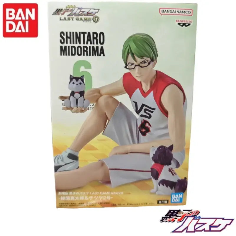 Green-haired shintaro midorima figure in red and white basketball jersey holding black and white husky plush for kuroko tetsuya fans