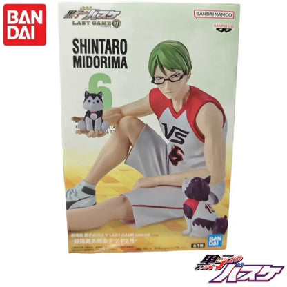 Green-haired shintaro midorima figure in red and white basketball jersey holding black and white husky plush for kuroko tetsuya fans