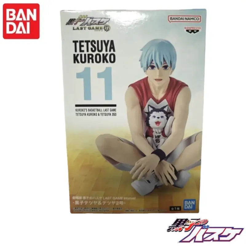Blue-haired kuroko tetsuya anime figure in red sleeveless jersey with white cat design seated cross-legged on box