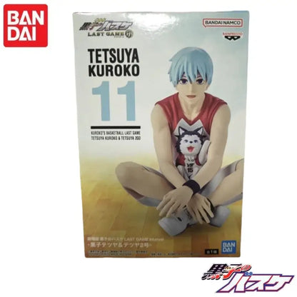 Blue-haired kuroko tetsuya anime figure in red sleeveless jersey with white cat design seated cross-legged on box