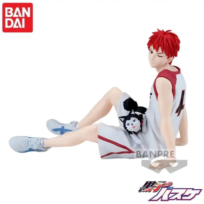 Red-haired anime basketball player figurine in white and red jersey number 4 holding black and white plush cat from kuroko tetsuya toy line