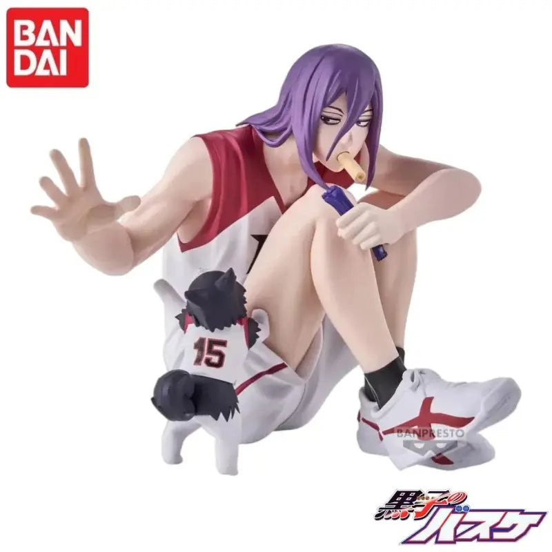 Purple-haired anime basketball player figurine in red and white jersey holding blue object to mouth from kuroko tetsuya series