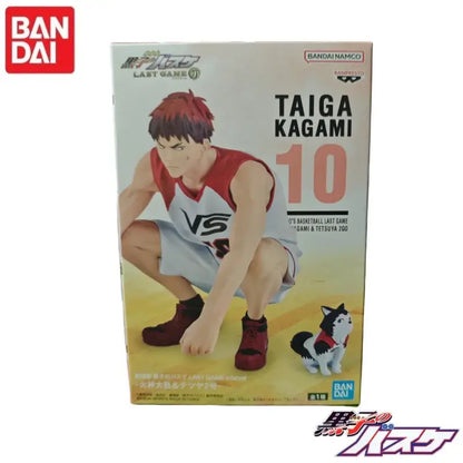 Red and white basketball jersey with vs logo worn by taiga kagami crouching on bandai kuroko tetsuya packaging box