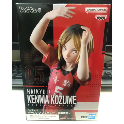 In stock original banpresto posing figure kenma kozume in red and black volleyball jersey with hands in hair figure anime haikyu