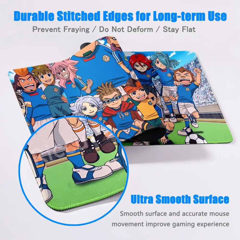 Blue and white inazuma eleven desk mat mouse pad featuring cartoon soccer team design with stitched edges and anti-slip rubber base