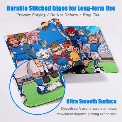 Blue and white inazuma eleven desk mat mouse pad featuring cartoon soccer team design with stitched edges and anti-slip rubber base