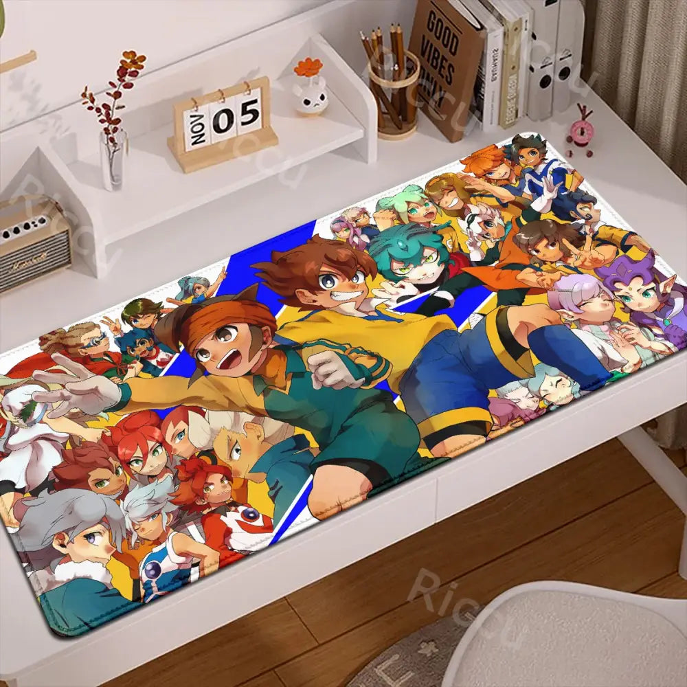 A vibrant inazuma eleven desk mat mouse pad with colorful anime characters on a blue rubber anti slip surface